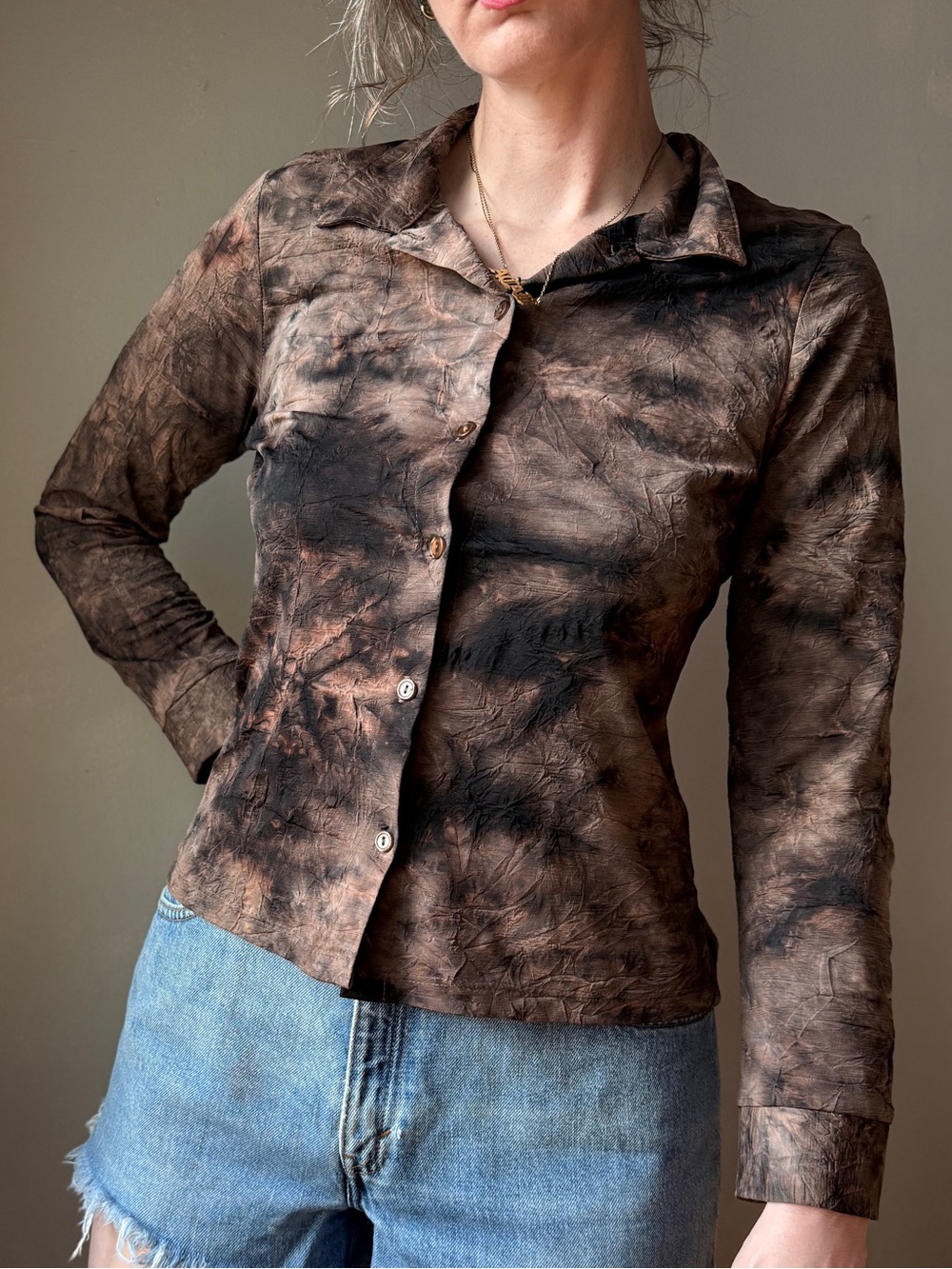 Vintage 90s Tie Dye Button Up Top | Brown Abstract Blouse | Y2K Grunge Fairy | S